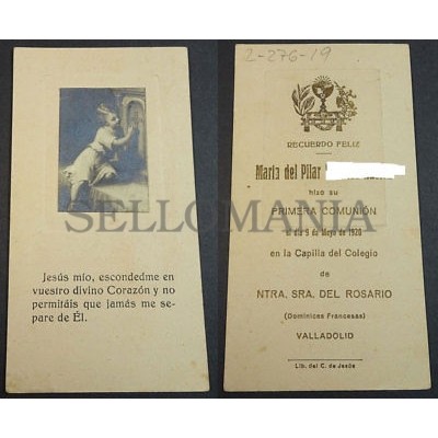 ESTAMPA PRIMERA COMUNION HOLY CARD 1920 COLEGIO DEL ROSARIO VALLADOLID CC2093