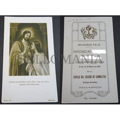 ESTAMPA PRIMERA COMUNION HOLY CARD 1918 COLEGIO CARMELITAS VALLADOLID CC2094
