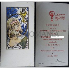 ANTIGUA ESTAMPA HOLY CARD PRIMERA COMUNION SANTA GENOVEVA SEVILLA 1967 CC1617