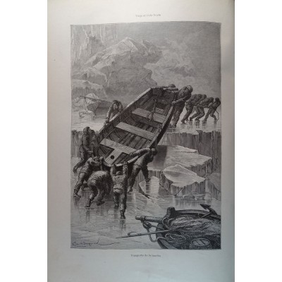 ANTIQUE ENGRAVED NORTH POLE 1876 TRANSPORT OF THE BOAT 19th CENTURY PRINT 049CC